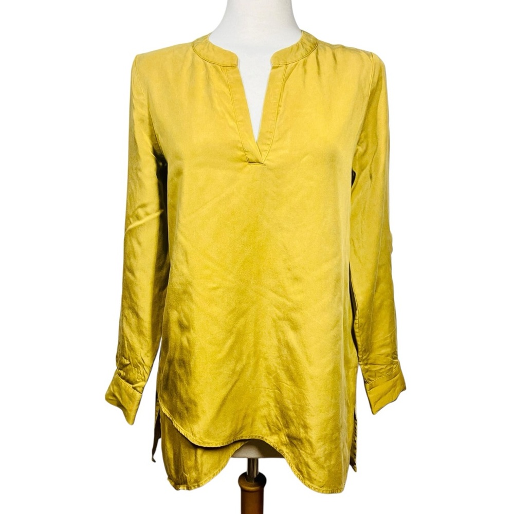 Soft Surroundings Mustard Yellow V Neck Tunic Blouse Asymmetric Hem Size Small
